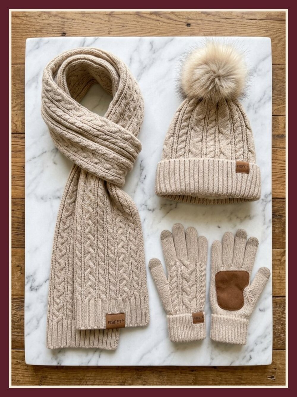 Women's 3 Piece Cable Knit Beanie Scarf Touchscreen Gloves Winter Set